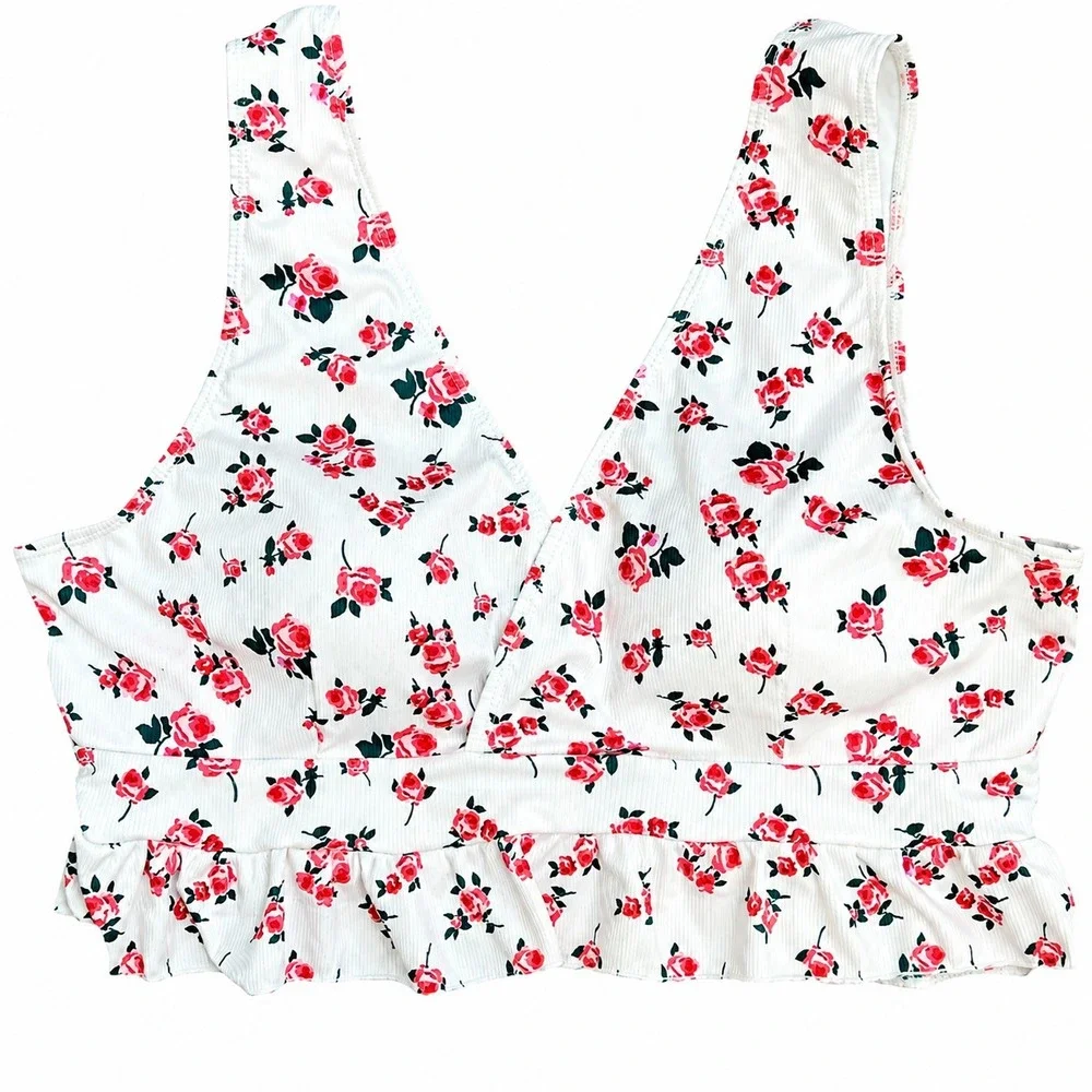 Womens 2XL Floral Ribbed Tankini Top White Pink Peplum Plus Size Swimwear